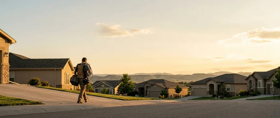 Golden-hour wide shot of an electrician walking up a suburban Parker driveway with a tool bag and a coiled length of cable over one shoulder, Front Range foothills low on the horizon behind the rooflines, calm lower third