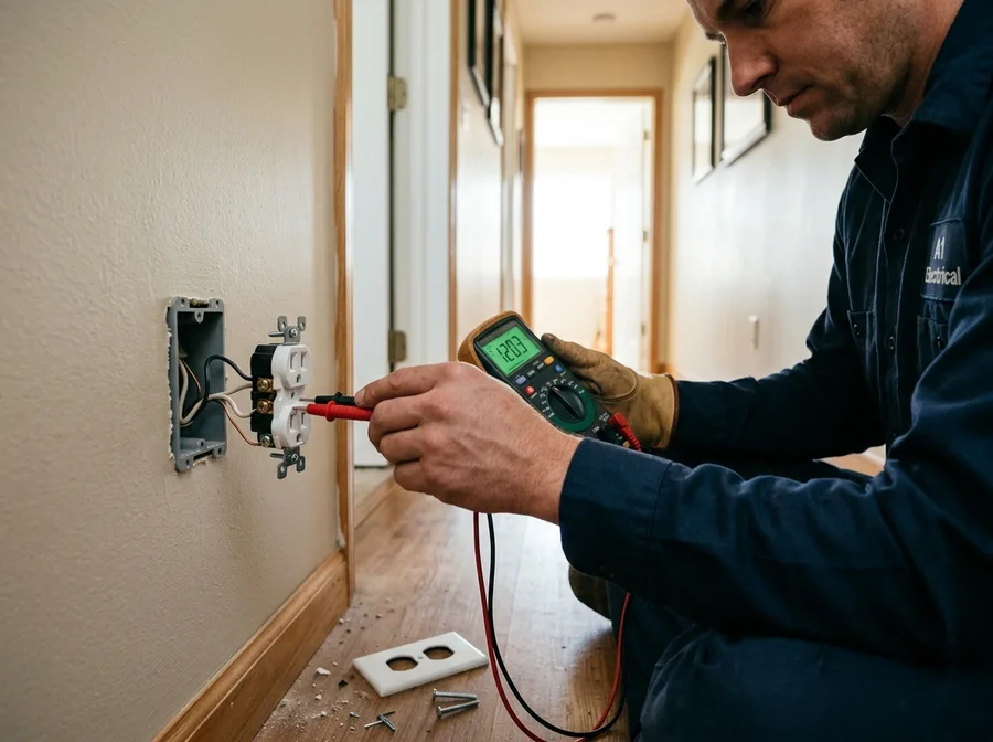 An electrician holding a multimeter with both probes on the terminals of a receptacle that is mounted and wired in place in a hallway wall, cover plate set aside on the floor, daylight from a doorway