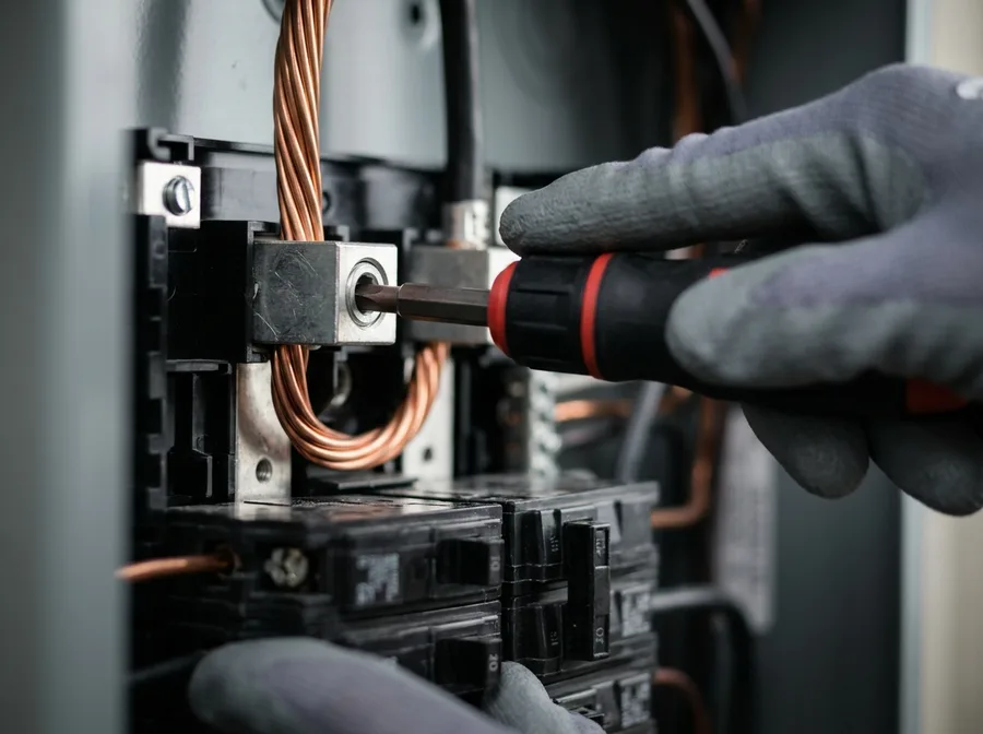 Extreme close-up of gloved hands setting a torque screwdriver on the main lug of a breaker panel already mounted on the wall, thick copper service conductors landed and bent neatly into the lugs, shallow depth of field