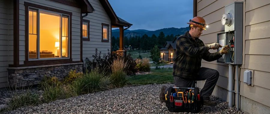 Dusk exterior of a suburban Colorado house with an electrician in a headlamp working at the installed exterior meter and disconnect on the siding, tool bag open on the gravel, one window lit inside