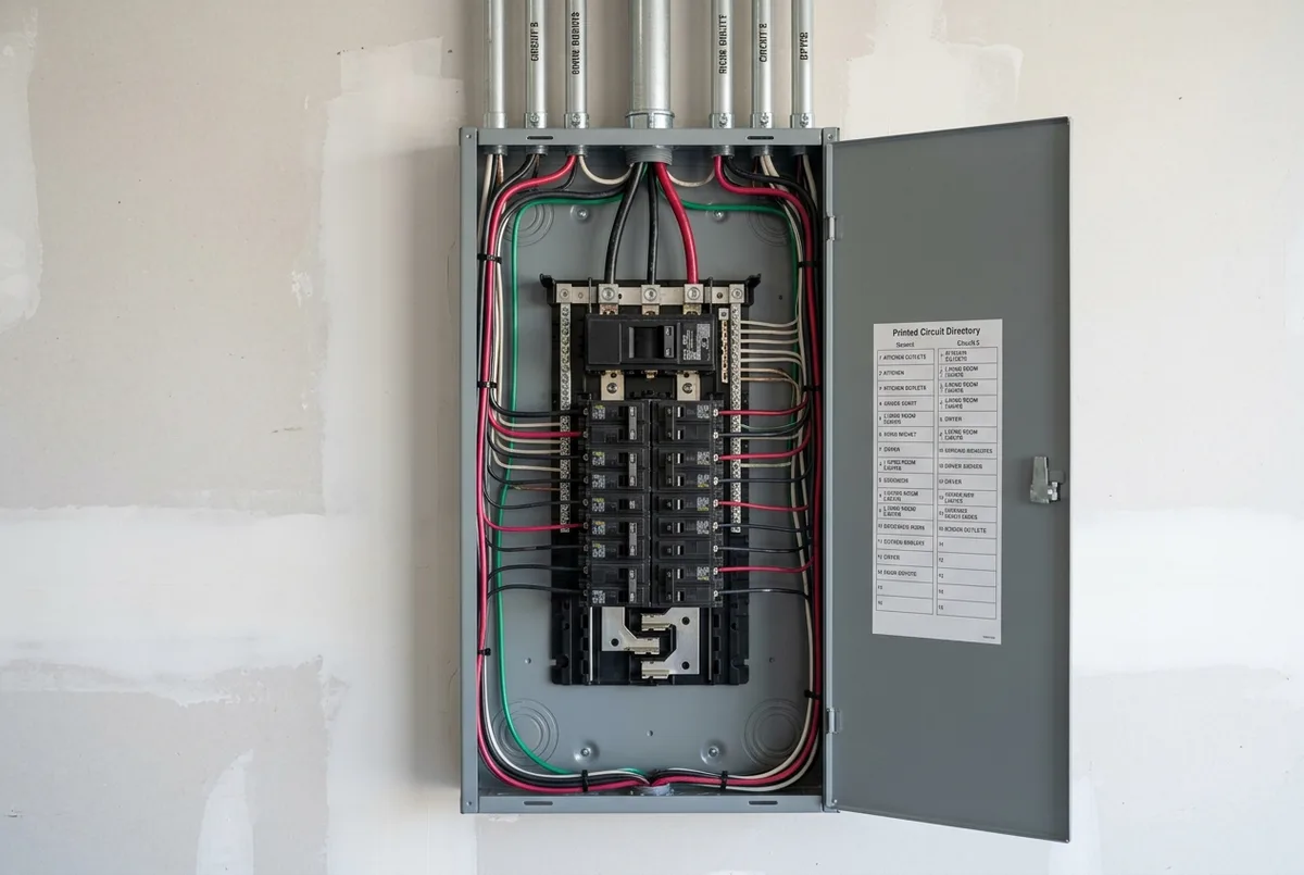 Straight-on frame of a garage wall with a new 200-amp panel installed and fully connected, cover off, conductors dressed in straight parallel runs, a clean printed circuit directory, fresh conduit entering the top, patched drywall, no person and no tools in frame