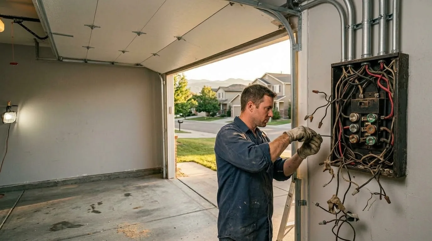 Before: An electrician in a work shirt and gloves standing at an open, fully installed and connected electrical panel on a finished garage wall in a south Denver suburb, conduit runs entering the top of the enclosure, dressed and labelled conductors visible, warm late-afternoon light raking in through the open garage door with Front Range houses soft behind, lower-left third calm and uncluttered